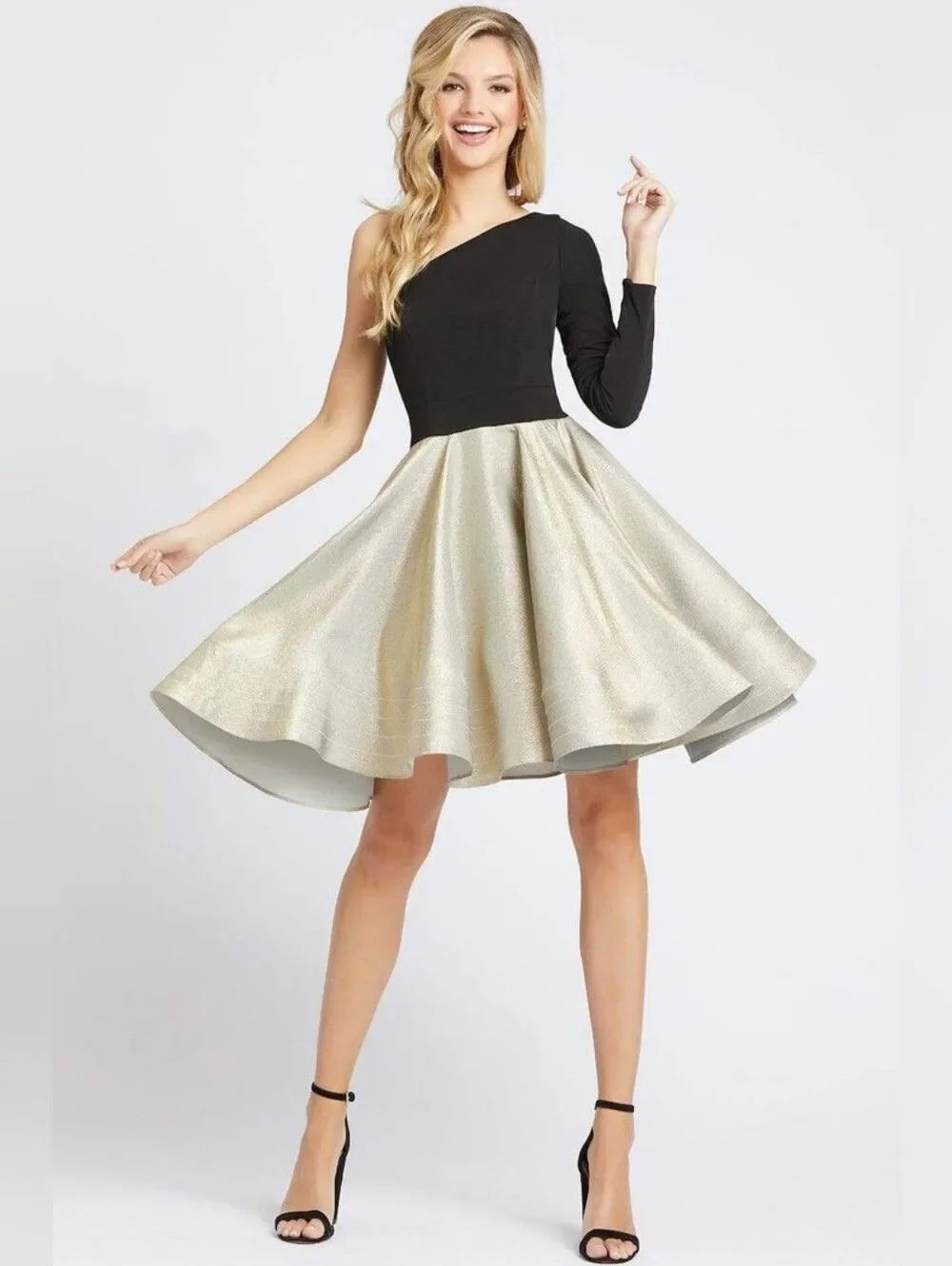 NWT Mac Duggal 48929 Black Gold One Sleeve Fit Flare Dress Size 2